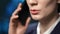 Closeup business female mouth in suit white collar talking mobile phone. 4k Dragon RED camera