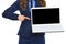 Closeup on business woman pointing on laptop blank screen