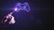 Closeup of businessman hand pointing at creative joystick or gamepad hologram on blurry purple bokeh background. Esport, gaming