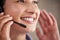 Closeup, call center and woman with telemarketing, consultant and customer service with headphones. Female person