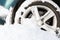 Closeup of car wheel stuck in snow