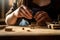 Closeup of carpenter hands at workshop, measuring the wood. Generative AI