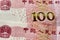 Closeup of cash hundred Chinese Renminbi under the lights