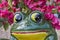 Closeup of ceramic frog with bougainvillea flowers