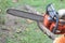 Closeup of a chainsaw in a man\'s hands cutting a branch