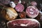 Closeup of charcuterie meat products