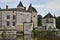 Closeup of Chateau de la Brede castle on a cloudy day in Gironde, France