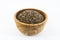 Closeup Chia Seed in wood bowl with white background