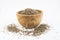 Closeup Chia Seed in wood bowl with white background