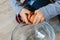 Closeup of a child breakable egg, on the floor in a glass bowl.