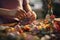 Closeup of a childs hands carefully crafting an