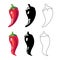 Closeup chilly peppers icons. Red hot chilli pepper, black and outline. Cartoon mexican chilli or chillies illustration