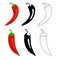 Closeup chilly peppers icons. Red hot chilli pepper, black and outline. Cartoon mexican chilli or chillies illustration
