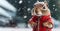 Closeup chipmunk wearing knitted sweater and beanie in winter day, with snowflakes falling all arounds