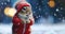 Closeup chipmunk wearing knitted sweater and beanie in winter day, with snowflakes falling all arounds