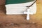 Closeup christian cross and bible on old wooden table with sunlight.