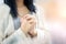 Closeup Christian woman hand praying for god blessing, spirituality , religion and belief in god concept