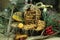 Closeup of Christmas decorations with yummy biscuits on the tree trunk stand