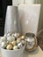 Closeup Christmas ornaments gold silver and white