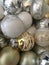 Closeup Christmas ornaments gold silver and white