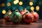 Closeup of Christmas tree baubles on blurred golden sparkling fairy background