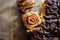 Closeup cinnamon rolls with caramel and pecan