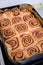 Closeup cinnamon rolls in tray