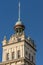 Closeup of clock tower at Dunedin railway station, New Zealand.