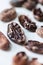 Closeup cocoa roasted beans. Shallow dof