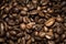 Closeup of coffee beans scattered randomly