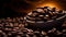 A closeup of coffee beans with a scoop, beautifully illuminated in moody lighting