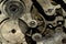 Closeup of cogweels in clockwork, grunge steampunk background