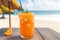 Closeup of Cold Alcoholic Glass with Slice and Straw on Beach Bar Counter.