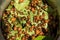 Closeup Colorado potato beetle and its larvaes on the green leaves of potatoes.