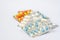 Closeup colorful antibiotics capsule pills in blister pack Pharmacy background.