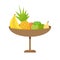 Closeup of colorful a bowl of fruit bananas, pineapple, apples, orange, pear on white background. Vector, illustration