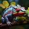 Closeup colorful chameleon on the branch, changing colors