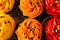 Closeup colorful chocolate fall decorated cupcakes