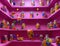 Closeup of colorful plastic ocean fun balls in jars on shelves hanging in a pink room