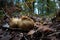 Closeup on the common earthball or pigskin poison puffball mushroom, Scleroderma citrinum on the forest floor