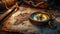 Closeup of a compass and nautical maps on a fishing boat\\\'s table. A day in the hard life of professional fishermen