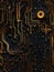 Closeup of a computer circuit board with gold, black, and rusty