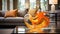 A Closeup of a Contemporary Tangerine Glass Sculpture Showcased in Front of a Stunning, Modern Living Room