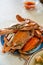 Closeup Cook Crabs on the Tray on the Table in Restaurant.