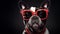 Closeup of cool bulldog in red sunglasses and neckerchief with focused look. Studio portrait on dark background