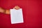 Closeup courier hand holding grocery paper bag, delivery service, studio shot isolated on red background