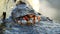 Closeup of a crab eating a meal on reef at the seaside of Anzio in Italy