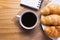 Closeup croissant with coffee on wooden table. breakfast concept
