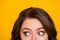 Closeup cropped facial expression photo of funny terrified lady look half face scared big eyes side empty space isolated