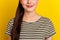 Closeup cropped photo of attractive lady apply pomade amazing celebrity isolated vibrant yellow color background